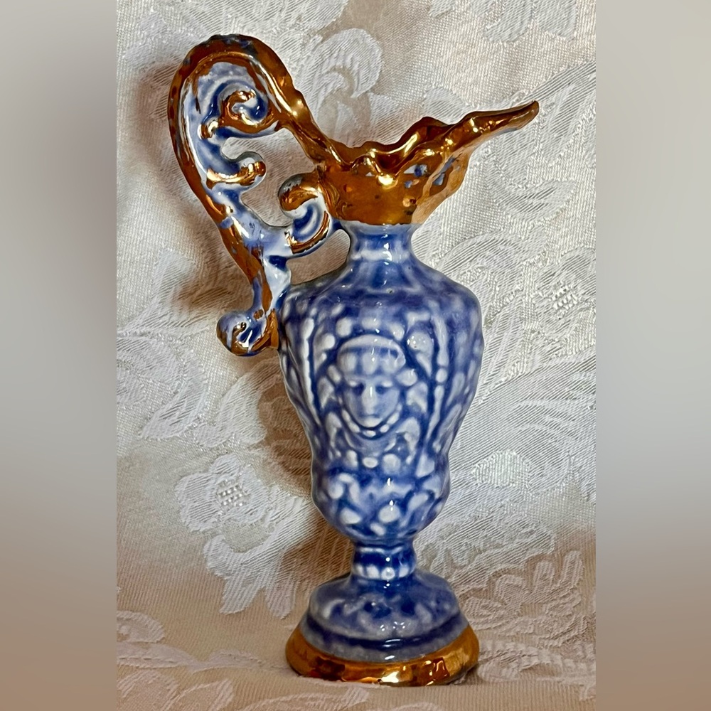 VTG Goldra E. Palestine Blue Gold Ewer Pitcher Mold 422 5.75" Greek Revival Vase
